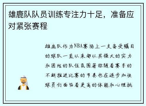 雄鹿队队员训练专注力十足，准备应对紧张赛程